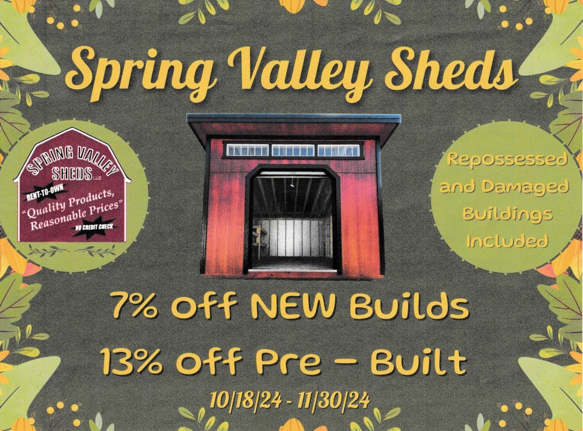 Martin's Mini Barns Spring Valley Sheds October November 2024 Sale banner 7% off new builds and 13% off pre-built